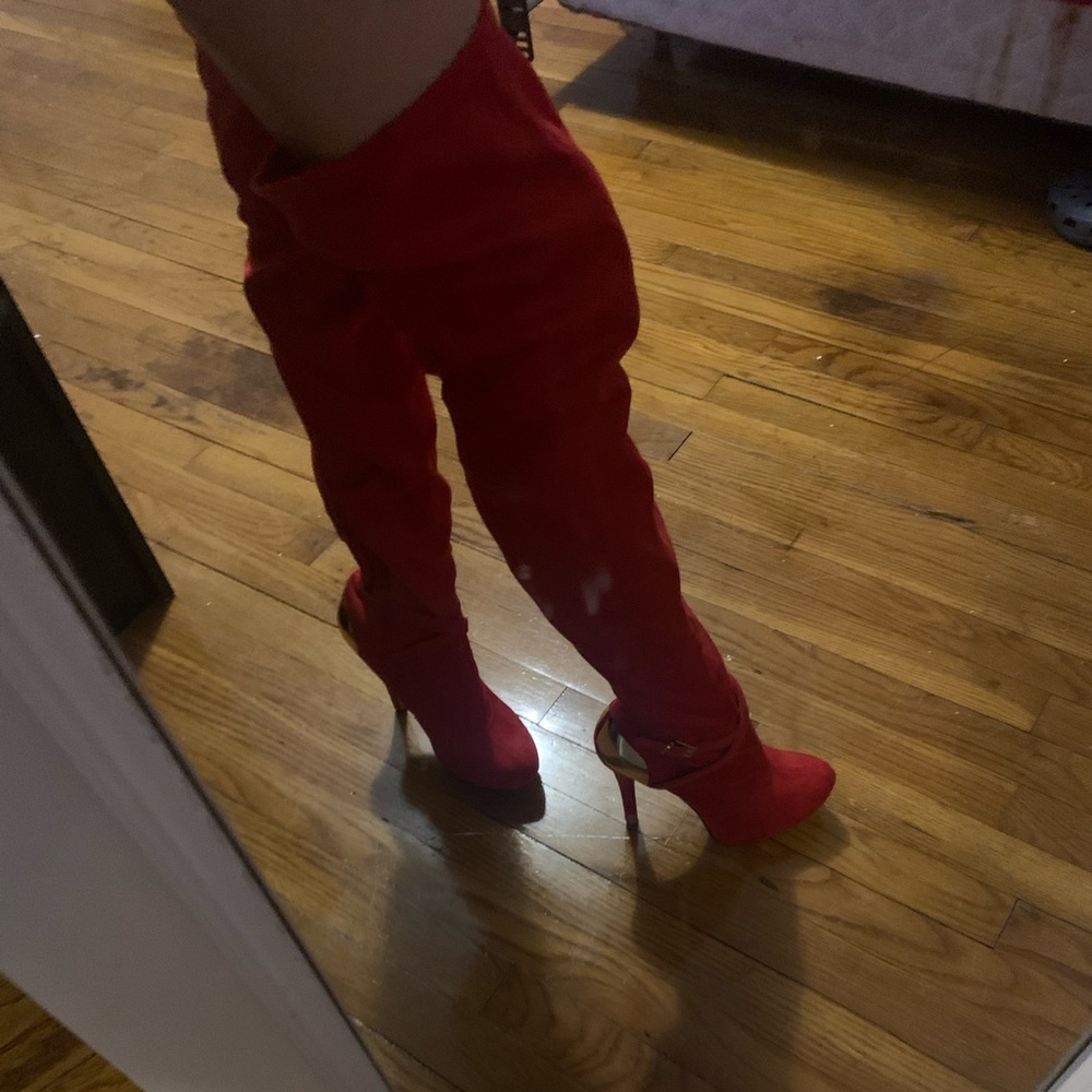 shoe dazzle red thigh high boots